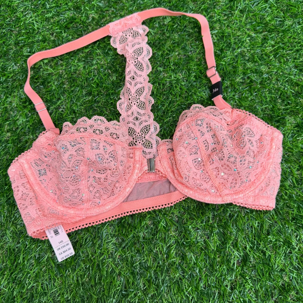 Victoria's Secret Dream Angels Pink‎ Lace Rhinestone T-Back Demi Bra 34B New